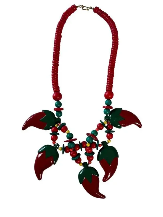 Vintage Wooden Bead Necklace With Red & Green Pepper Charms 22" Long Colorful Re - Picture 5 of 7